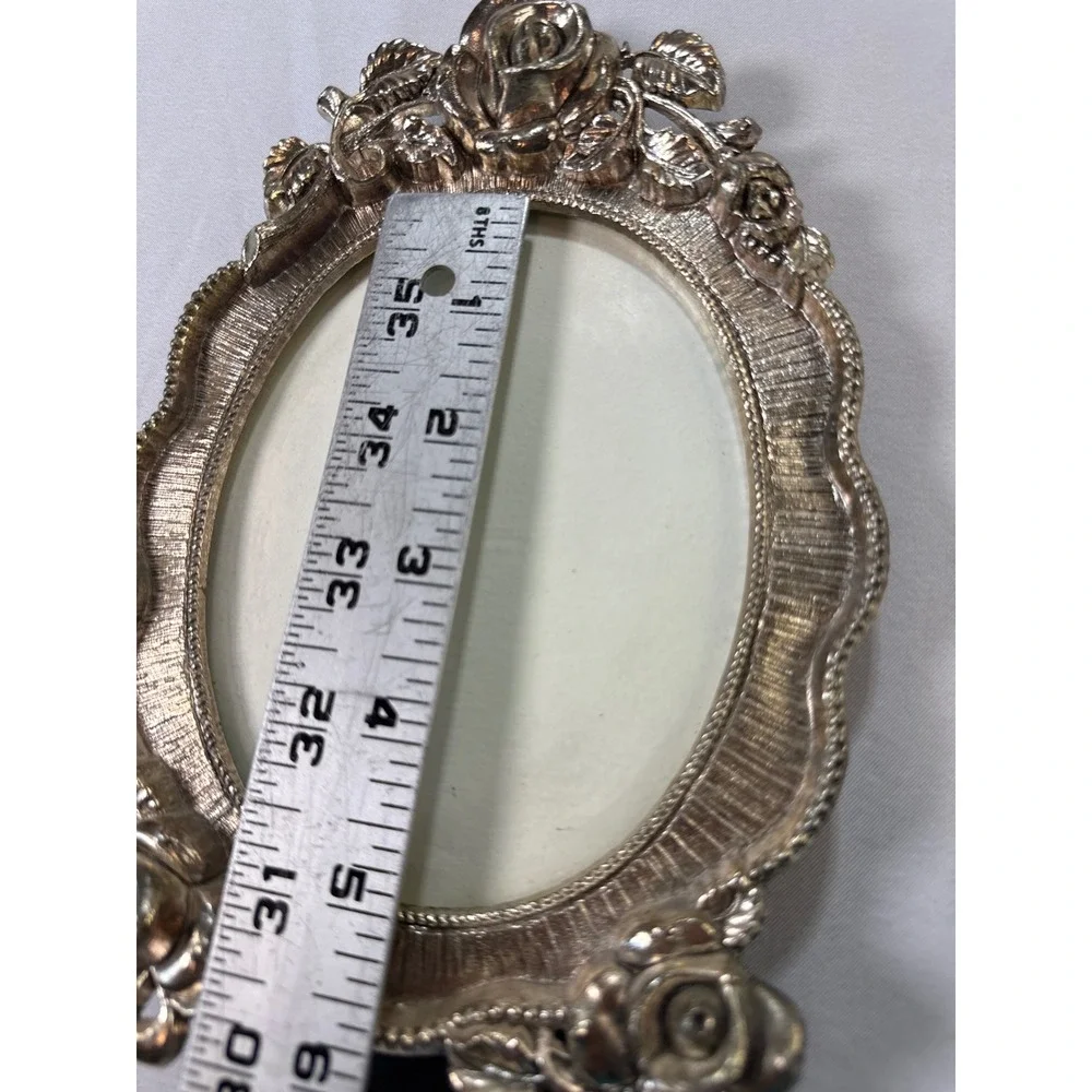 Vintage Ornate Rose Floral Oval Photo Frame Gold Silver Tone Metallic 4x6 Small